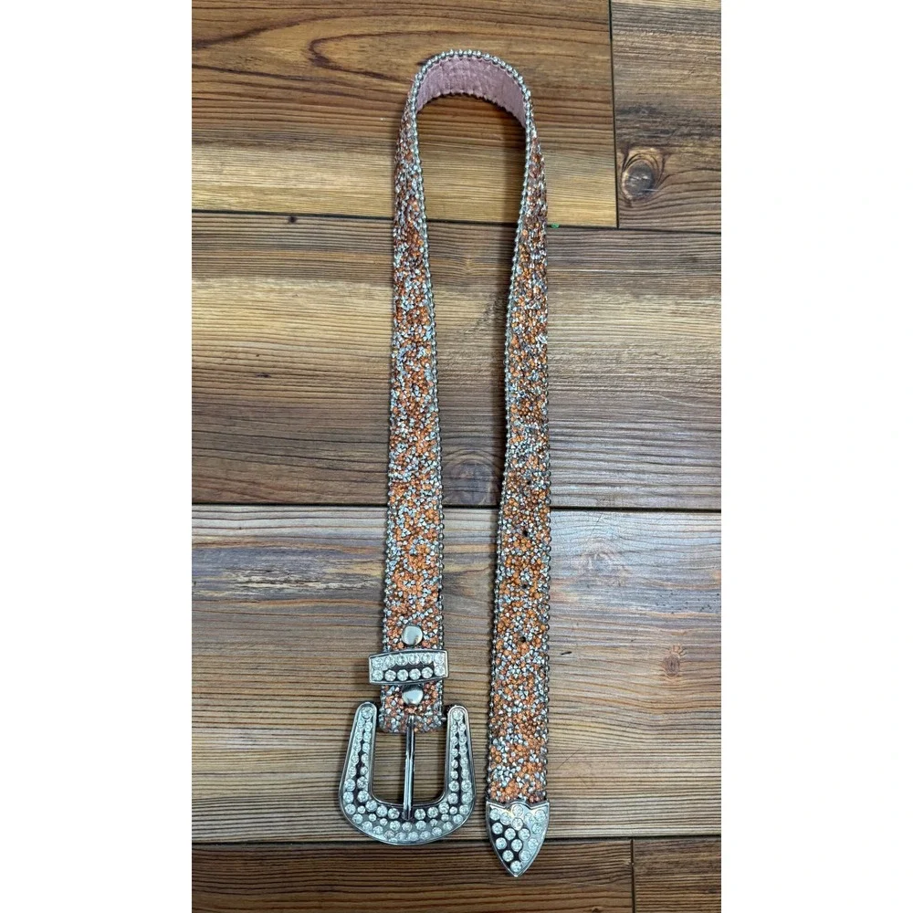 Kids Western Rhinestone Leather Belt Orange Silver Crystal Bling Size 24 K511